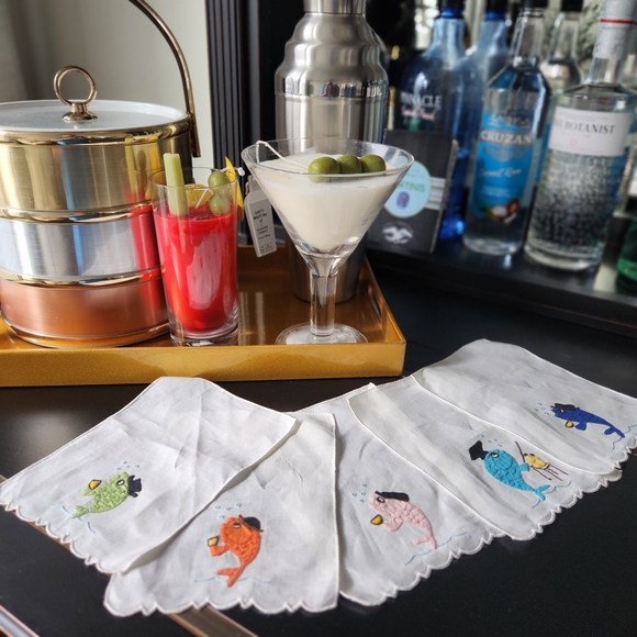 Other - Elegant Fish Embroidered White Cocktail Napkins